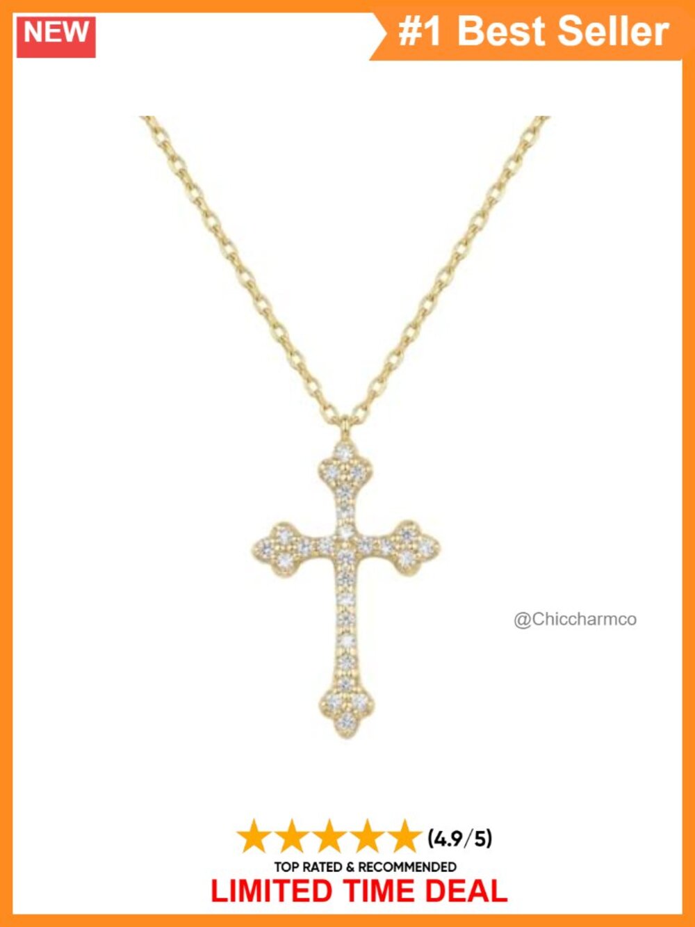 10K Solid Gold Natural Diamond Cross Necklace 0.10 ct Pendant
